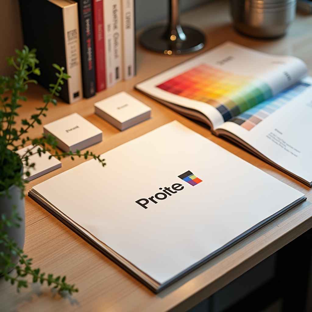 Creative branding elements including logo design, color palette, and visual identity samples on a desk