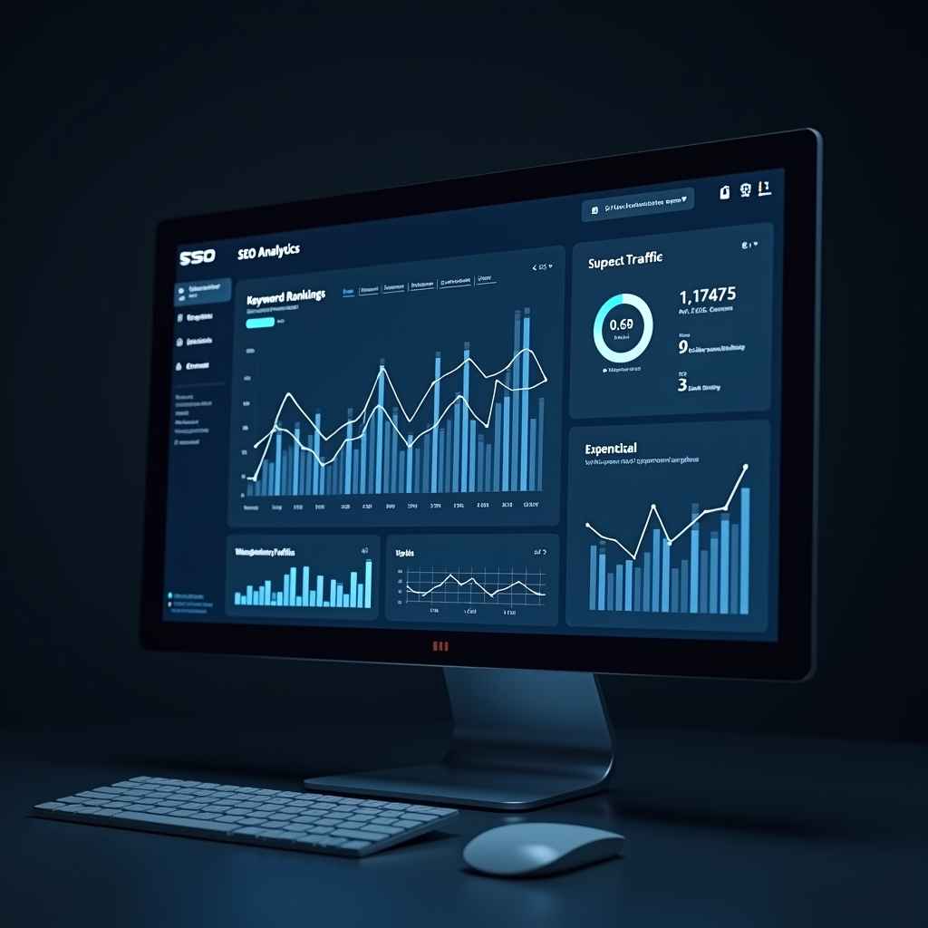 Digital marketing dashboard showing SEO analytics, traffic growth graphs, and search ranking improvements