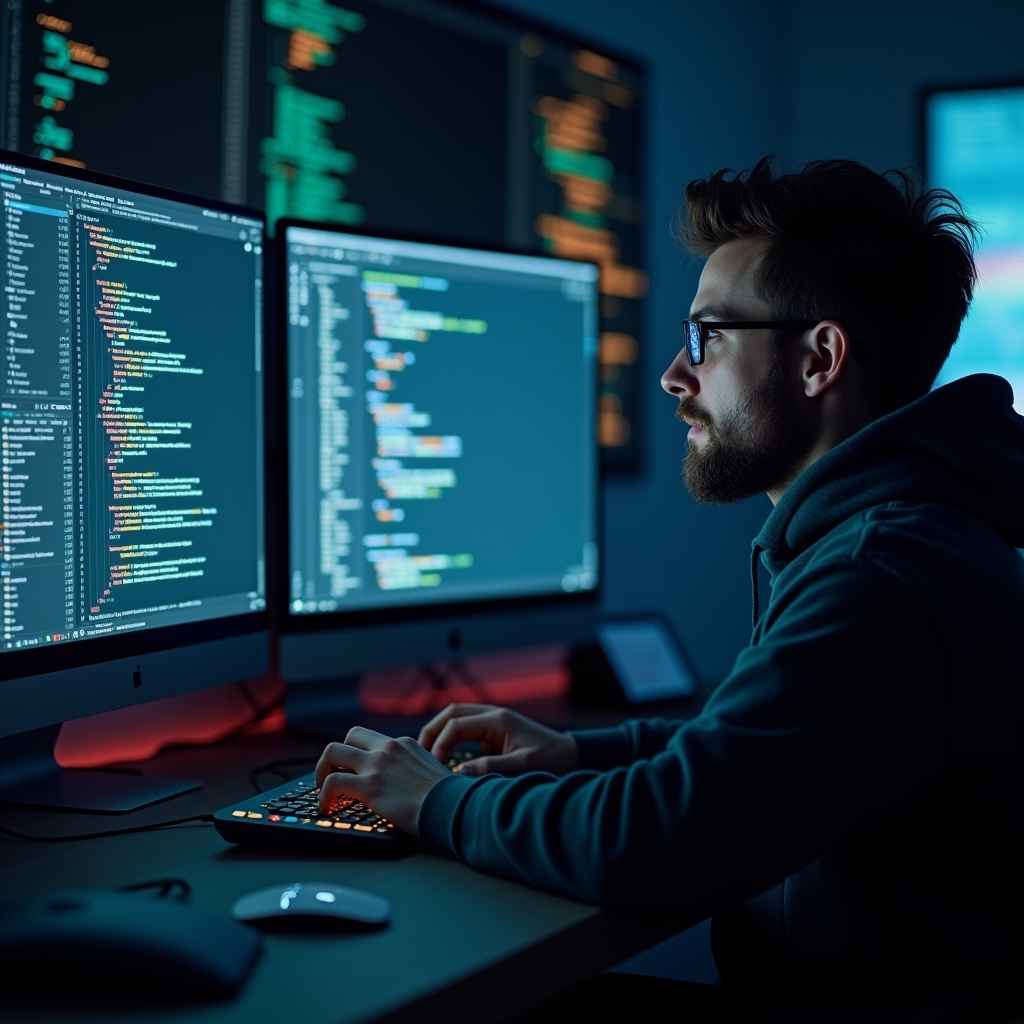 Developer coding a responsive website using modern programming tools on a dark screen setup
